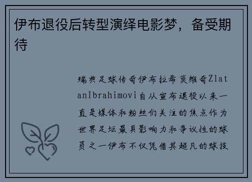 伊布退役后转型演绎电影梦，备受期待